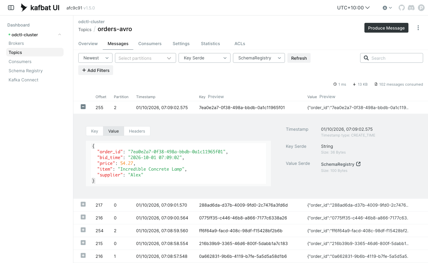 Avro order messages on the orders-avro topic in Kafka UI Kafka UI messages tab of the orders-avro topic with the SchemaRegistry value serde, the newest order expanded to show order_id, bid_time, price, item and supplier