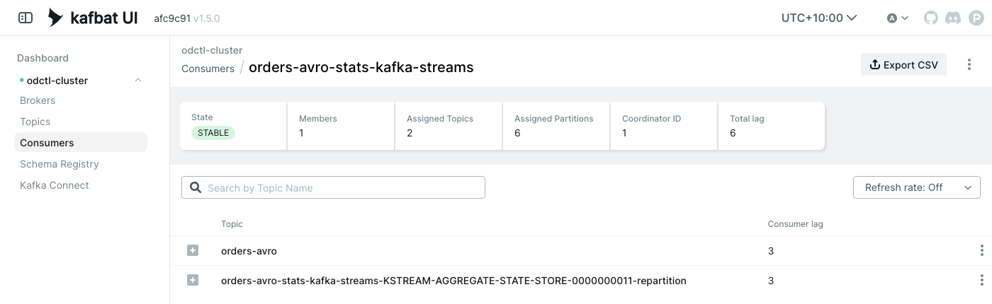 Kafka UI consumer group page of orders-avro-stats-kafka-streams, stable with one member, and the lag on orders-avro and the repartition topic