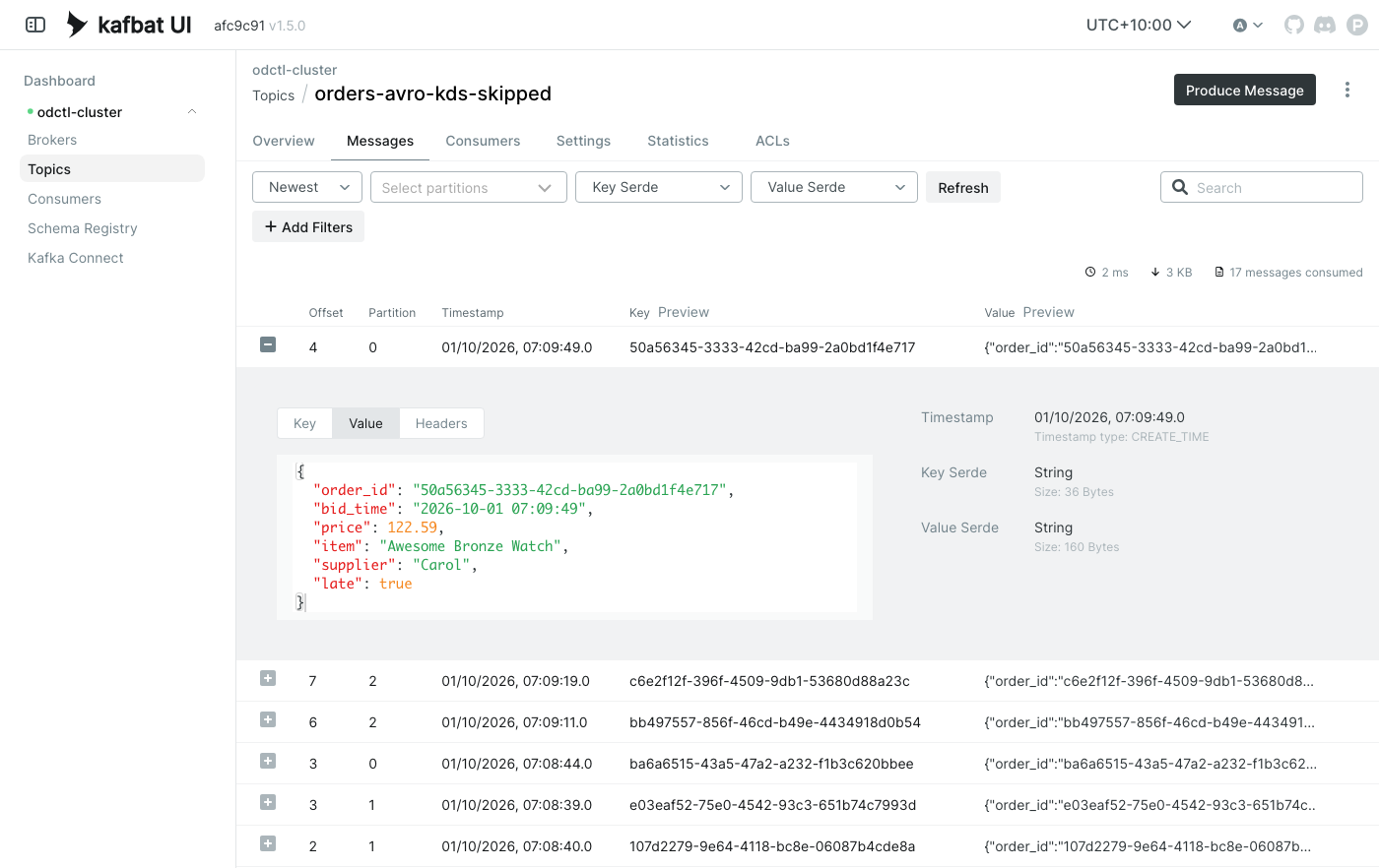 Kafka UI messages tab of the orders-avro-kds-skipped topic, the newest record expanded to show the order fields and late set to true