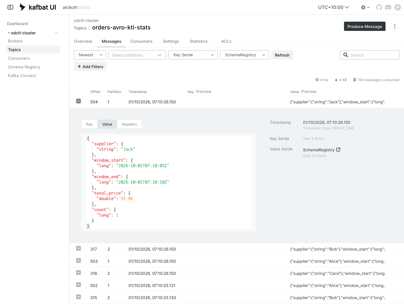 Kafka UI messages tab of the orders-avro-ktl-stats topic with the SchemaRegistry value serde, the newest record expanded to show window_start, window_end, supplier, total_price and count