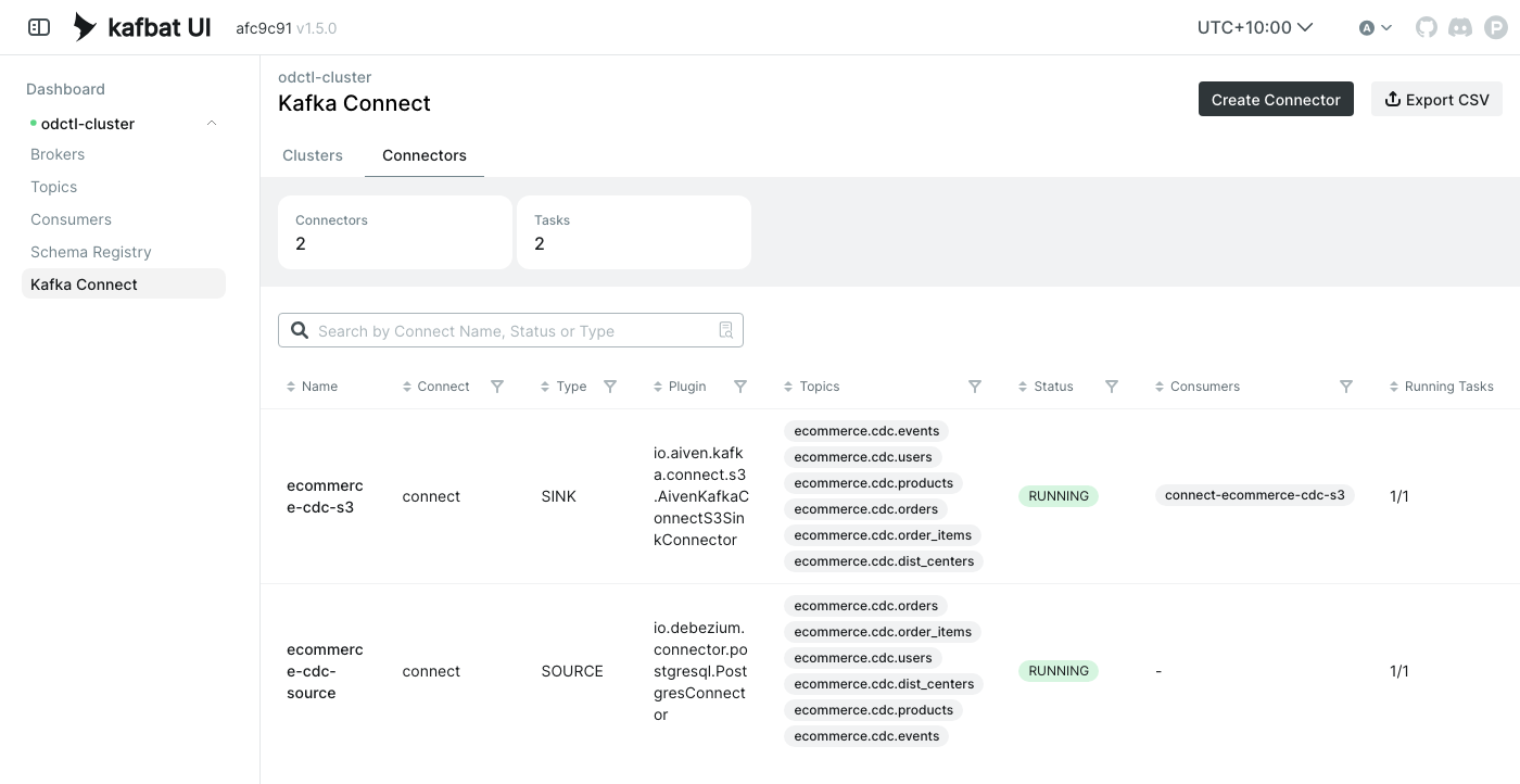 Both connectors in Kafka UI Kafka UI listing the Debezium source and the S3 sink, both running