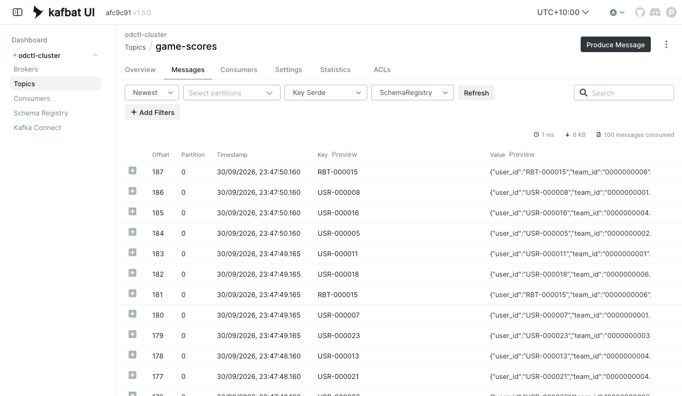 Kafka UI showing the newest game-scores messages, decoded with their Avro schema