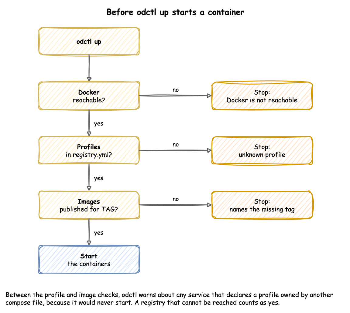 odctl up checks that Docker runs, the profiles exist and the images are published before it starts a container