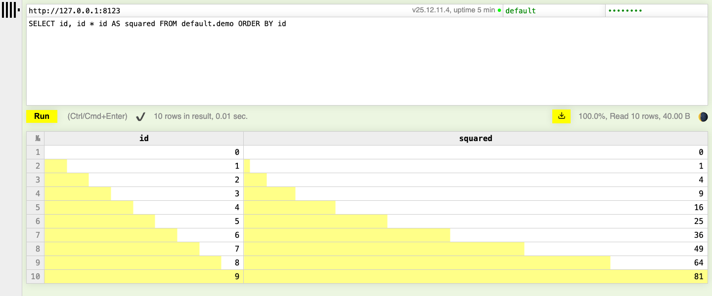 ClickHouse play page with a query on default.demo