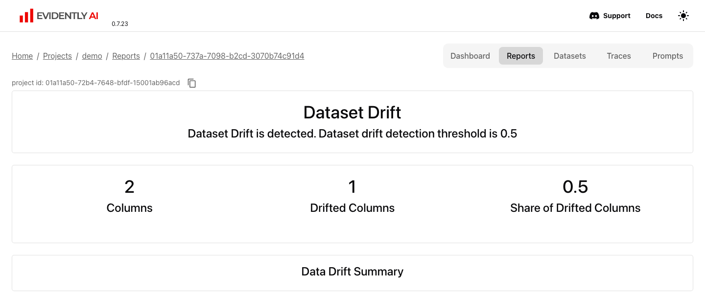 Evidently drift report with one drifted column