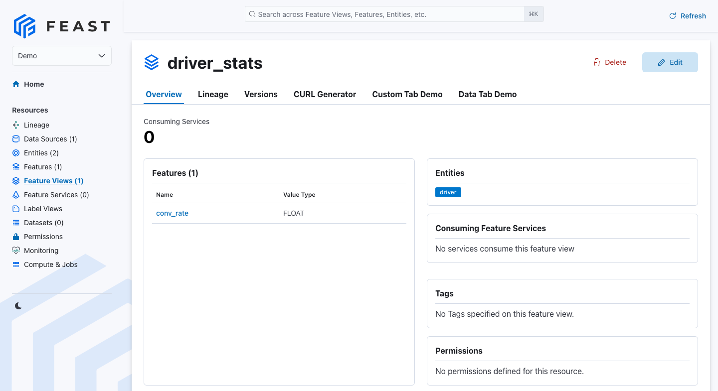 Feast UI showing the driver_stats feature view