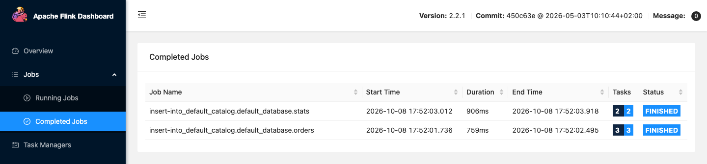 Flink UI with the two finished jobs