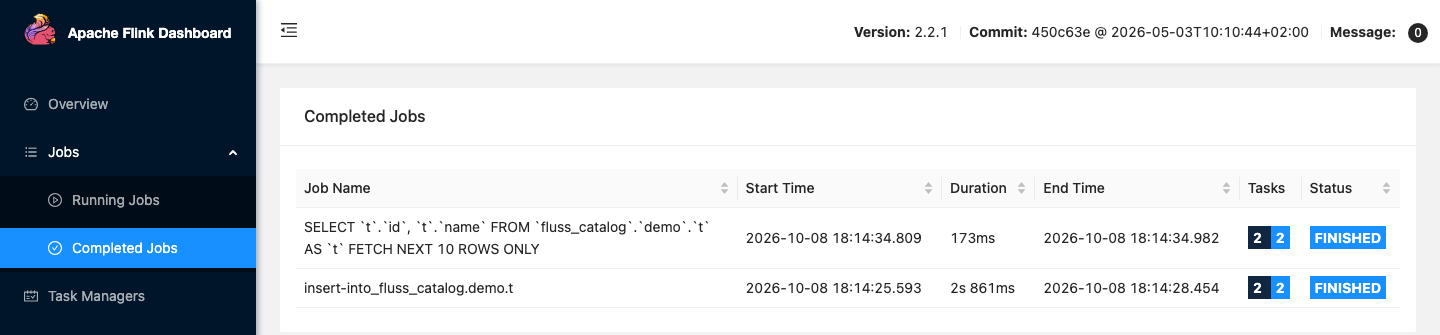 Flink UI with the Fluss insert and select jobs