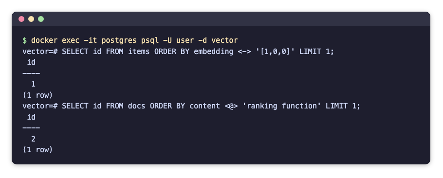 psql output of the vector and BM25 queries