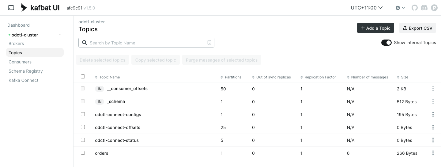 Kafka UI listing the topics of odctl-cluster