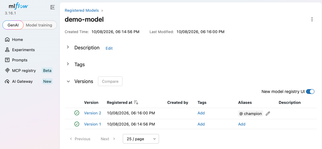 MLflow model registry with demo-model and its champion alias