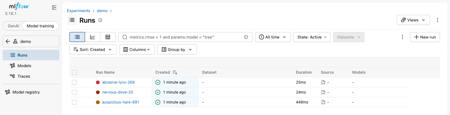 MLflow runs of the demo experiment