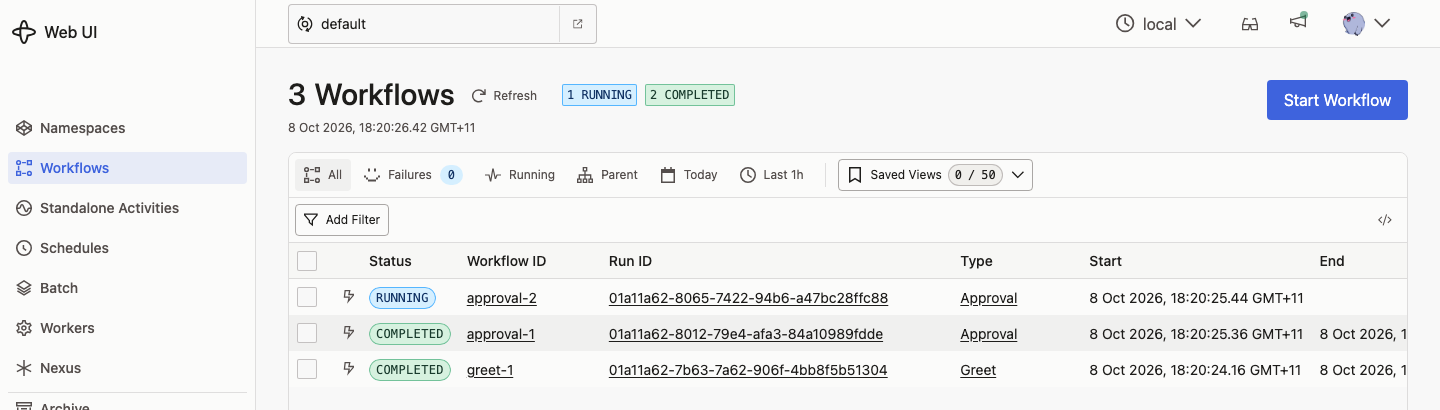 Temporal Web UI with two completed workflows and one waiting for its signal