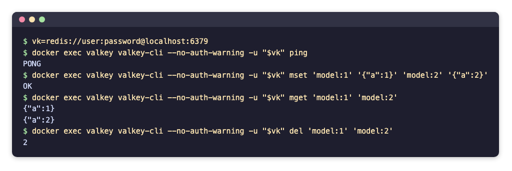 valkey-cli output for ping, mset, mget and del
